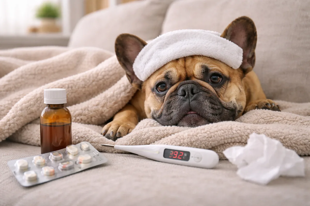 Veterinaria tomando la temperatura a un perro con fiebre