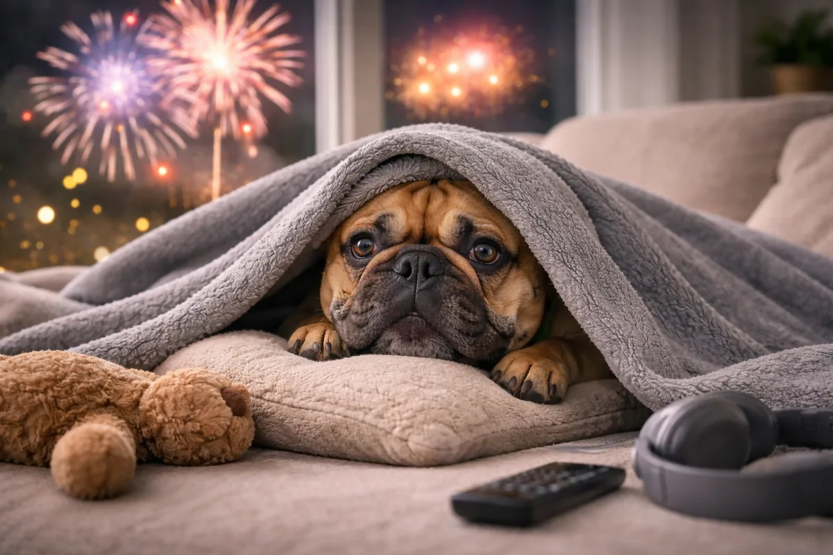 Perro asustado y encogido por el ruido de los petardos y fuegos artificiales