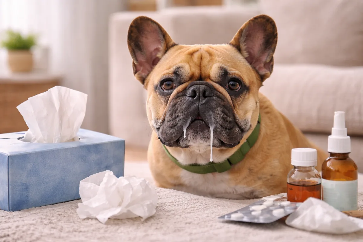 Perro con secreción nasal, síntoma de mocos o rinitis canina