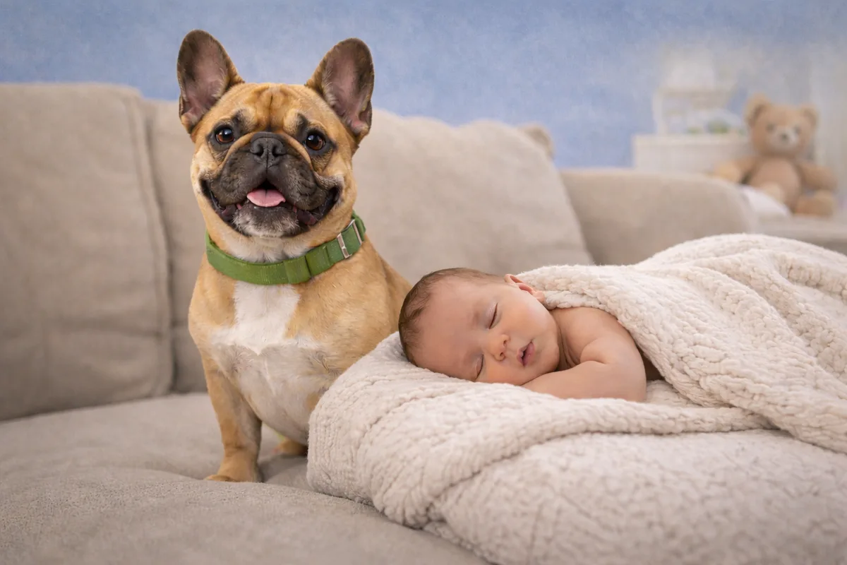 Perro conviviendo tranquilamente con un bebé recién nacido en casa